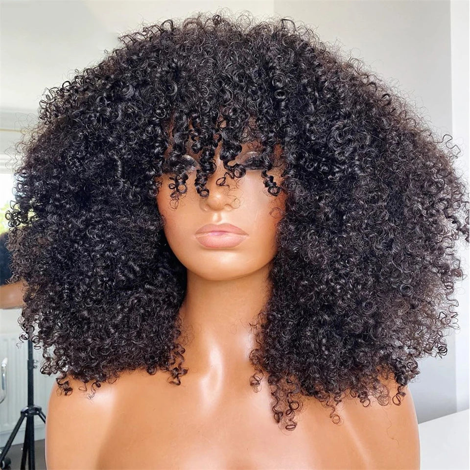 Mongolian Afro Kinky Curly Human Hair Wig Bob With Bangs For Black Women 180% 250% Density Brazilian Remy Full Machine Made Hair