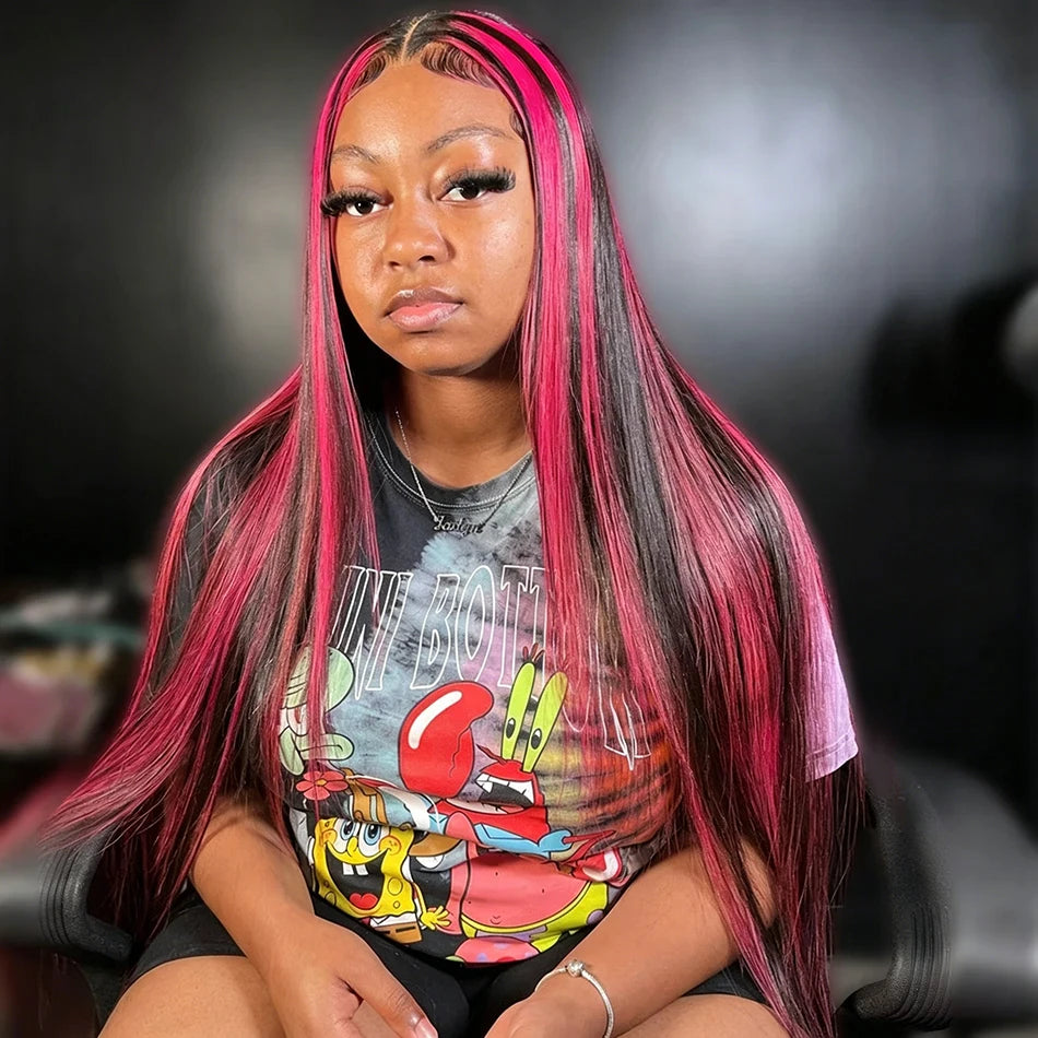 Pink Highlight Colored Human Hair Wigs Woman 13x4 Transparent Lace Front Wig On Clearance Sale Lace Frontal Wig Glueless HD Wigs
