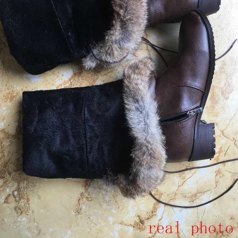 SIMLOVEYO Snow Boots fur Women Leather Boots Med Block Heels Over The Knee Boots Lady Shoes Bota Feminina Size 44 46