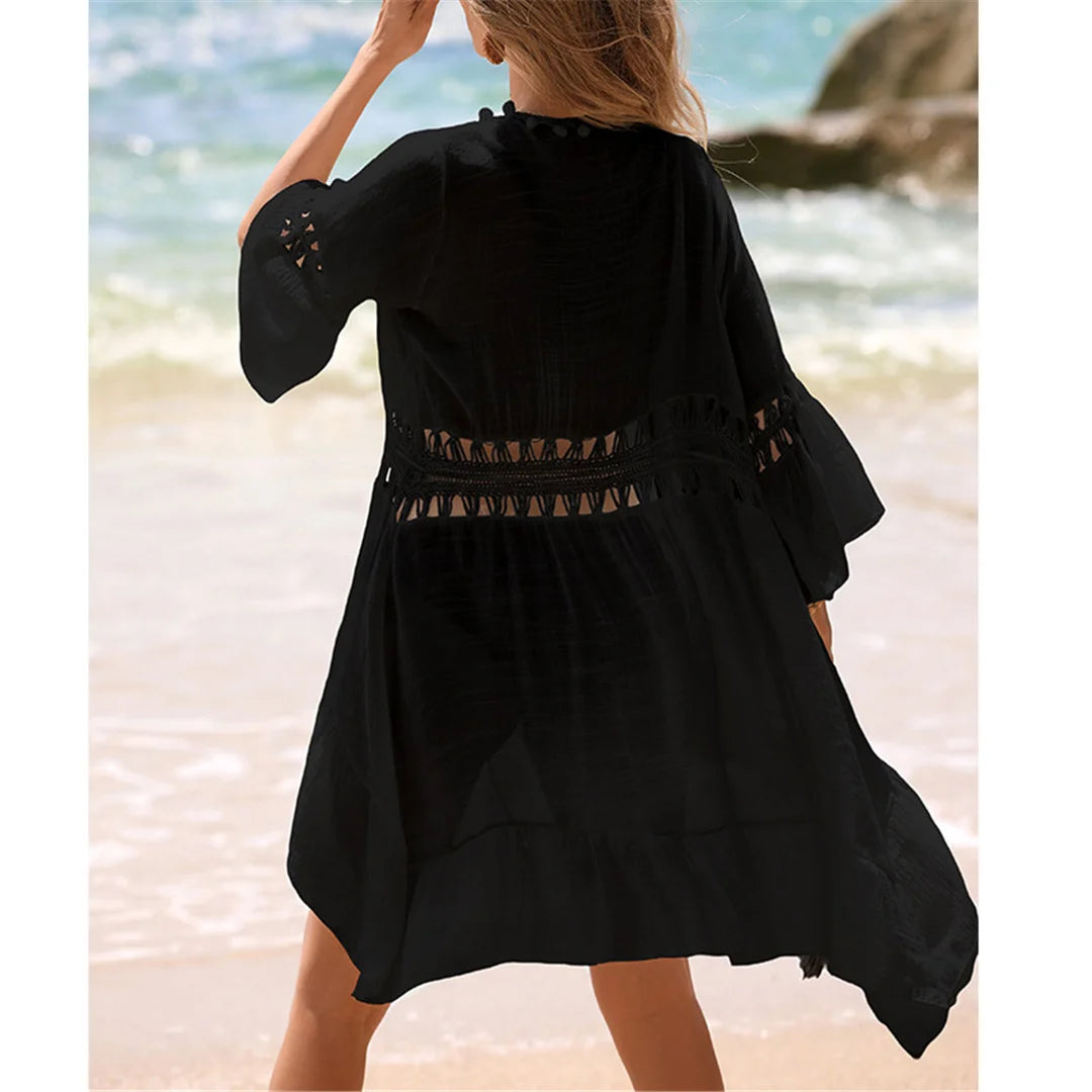 Cover-ups Beach Dress Beachwear Female Women Beach Wear V Neck Half Sleeve Splicing Crochet Knitted Tunic Beach Cover Up V7660
