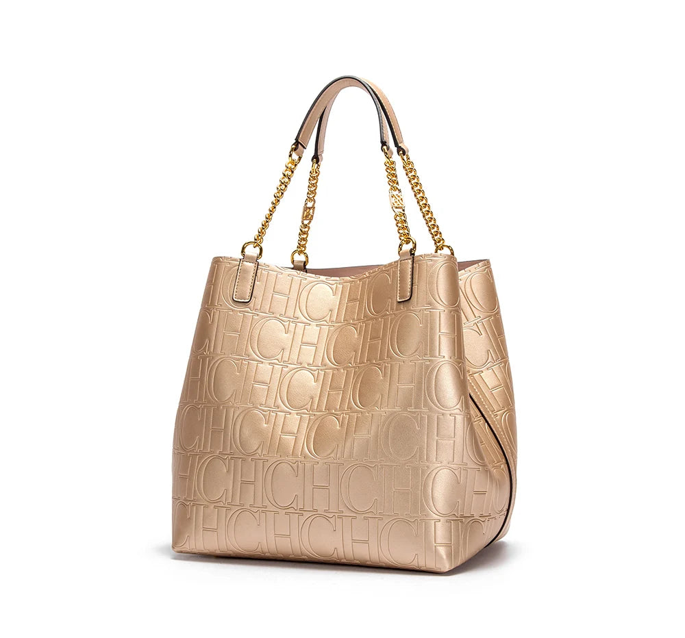 CH Tote Bag For Women Luxury Designer Handbag Fashion Embossed Leather Shoulder Bag Elegant Gold Chain Tote Bag For Daily Use