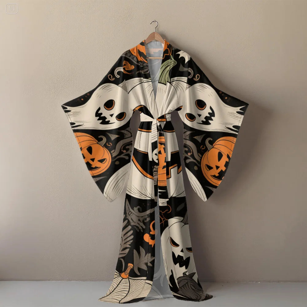 Halloween Cosplay Women's Sexy V-Neck Robe with Abstract Ghost Print - Long Sleeve Party Costume Unique Vampire Witch Long Robe