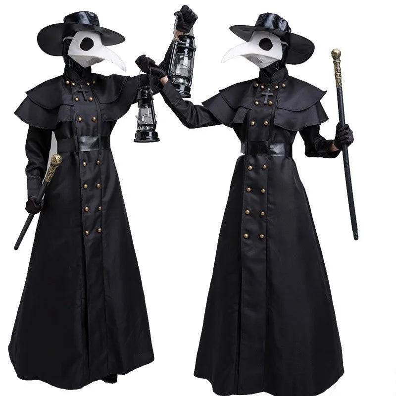 Halloween Plague Doctor Cosplay Hooded Robe Medieval Steampunk Priest Horror Wizard Cloak Cape With Long Nose Beak Leather Masks