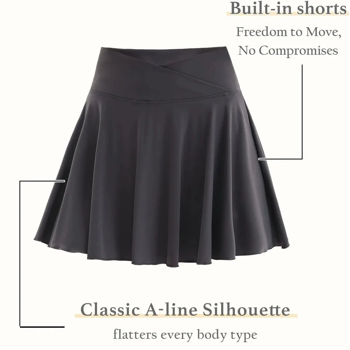 Cross Waist Tennis Skirt with Anti-Slip Shorts & Pockets, High Elastic A-Line Flared Skirt, Breathable Summer Sportswear