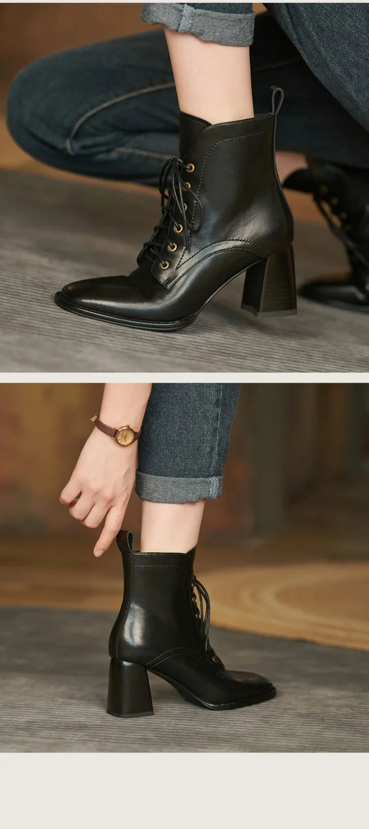 New Autumn/Winter Women Boots Cow Leather Fashion Women Shoes Square Toe High Heel Shoes for Women Lace Up Modern Short Boots