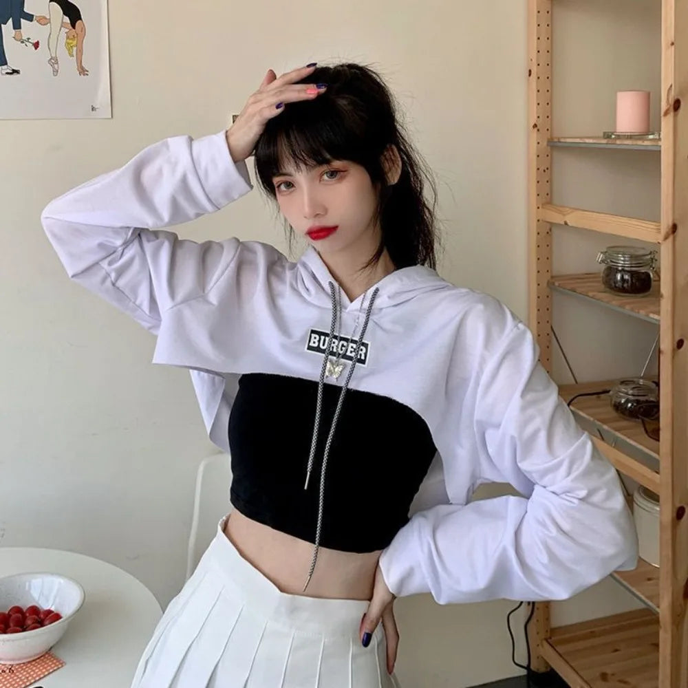 All Match Y2K Ultra Short Hoodie Loose Tees Shrug Pullover Streetwear Drawstring Women's T-shirt Summer