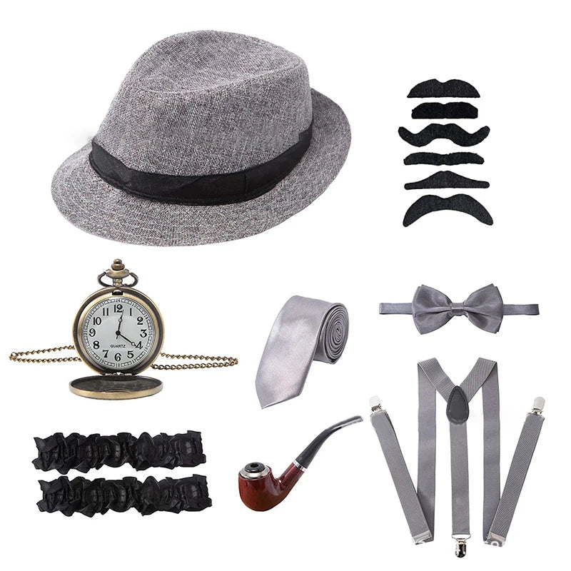 Halloween 1Set 1920's Cosplay Costume Hat Pocket Watch Neck Tie Moustache Bowtie Gatsby Masquerade Accessories