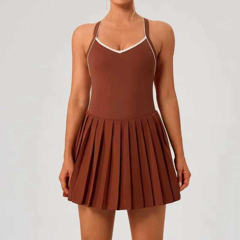 Women's Pleated Tennis Dress with Shorts Moisture-wicking Badminton Dress with Chest Pad Athletic Sports Outfit