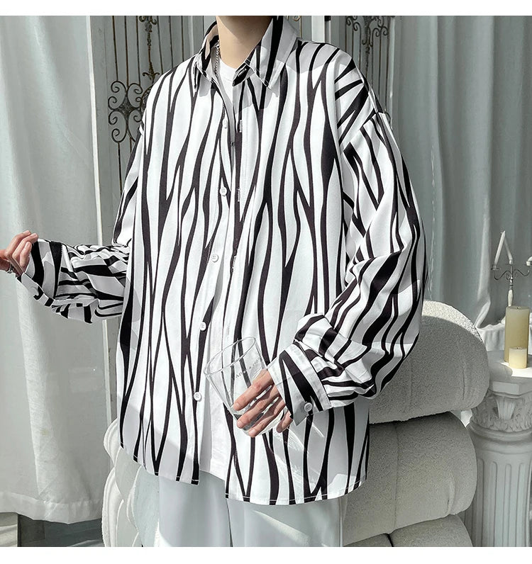 Men's Long Sleeve Striped Shirts Spring New Korean Button Up Shirt Unisex Fashion Casual Oversize Blouse Printed Clothing