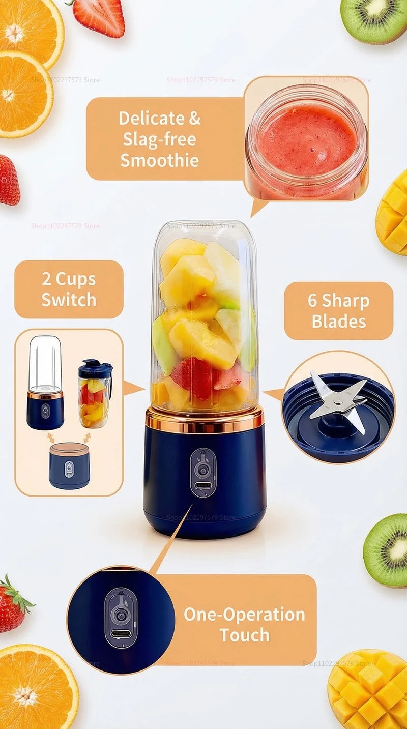 Portable Juicer Cup 6 Blade Blender Household Fruit Juicer Cup USB Rechargeable Double Cup Multifunction Food Portable Blender