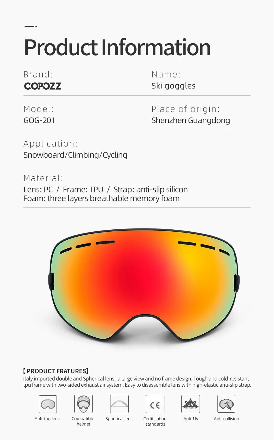COPOZZ Brand Ski Goggles Men Women Snowboard Goggles Glasses For Skiing UV400 Protection Skiing Snow Glasses Anti-Fog Ski Mask