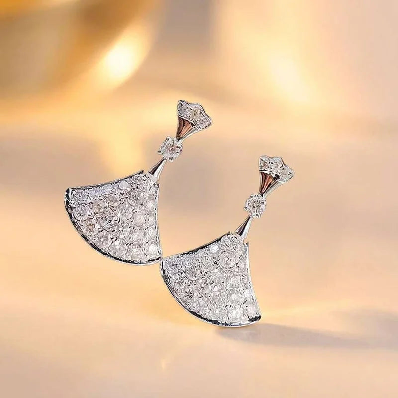 925 Sterling Silver Fan-Shaped Skirt Stud Earrings for Women Cubic Zirconia Luxury Geometric Fashion High Quality Jewelry