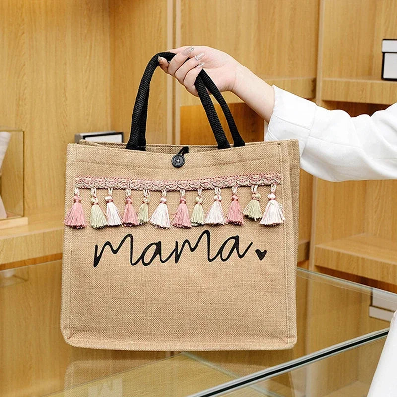 Women Tote Bag Fashion Mama Letter Printing Linen Handbag Large Capacity Baby Diaper Bag Casual Shopping Shoulder Bag Mom Gifts