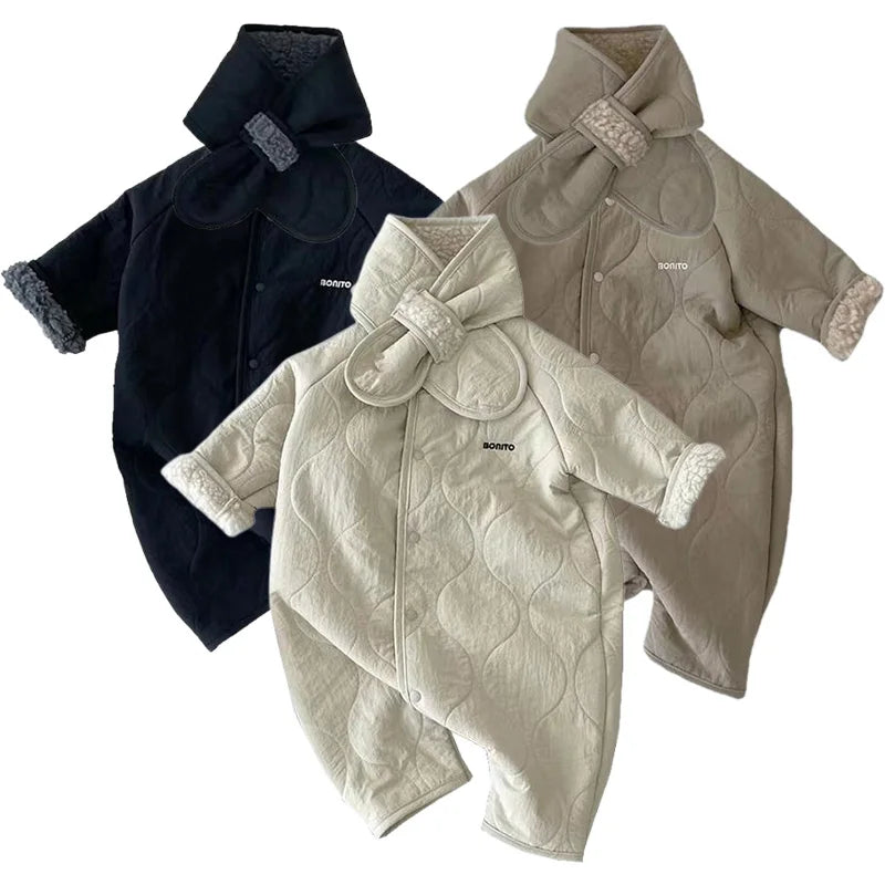 Korean Baby Jumpsuit Scarf Set Autumn Winter Lamb Wool Romper for Boys Girls Toddler Infant Clothes Loose Newborn Onesie 2Pcs