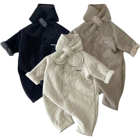 Korean Baby Jumpsuit Scarf Set Autumn Winter Lamb Wool Romper for Boys Girls Toddler Infant Clothes Loose Newborn Onesie 2Pcs