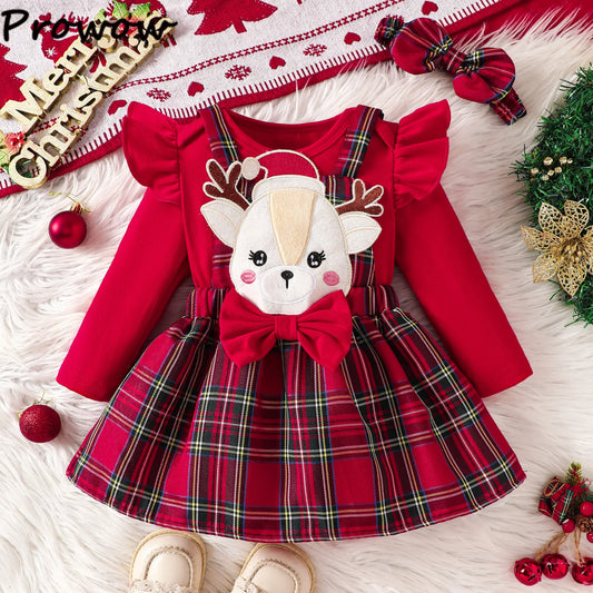 Prowow Baby Girls Christmas Outfits Set Red Bodysuit+Plaid Deer Suspender Dress Set 3pcs My First New Year Costume For Baby 2026