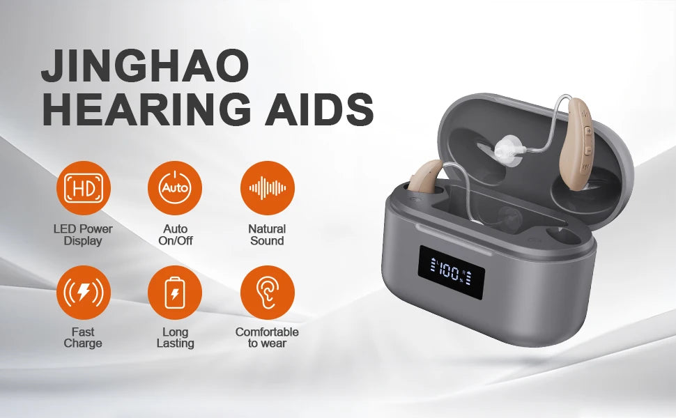 JINGHAO Rechargable Hearing Aids Behind the Ear 20 Hours Working Time  Auto Turn/off Fasr Charging Hearing Amplifier