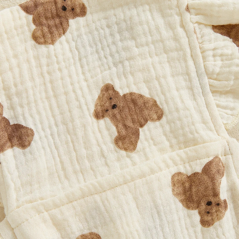 0-18M Newborn Baby Girl Bodysuits Cartoon Bear Pattern Ruffled Flying Sleeve Romper with Bow Headband Set Summer Infant Outfits