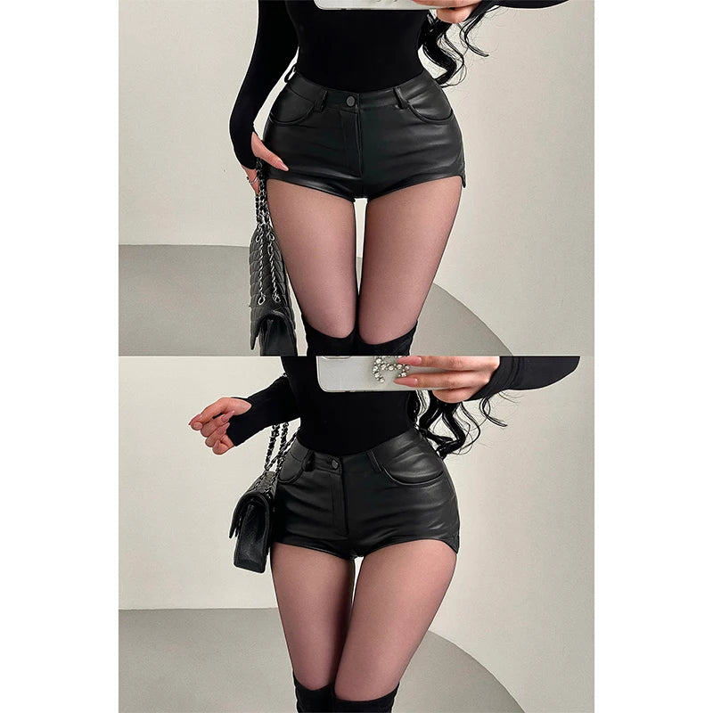Sexy High Waist PU Leather Shorts Women's Tight Fit Hot Pants Long Legs Enhancing Hip Shape Arc Design Daily Wear Shorts