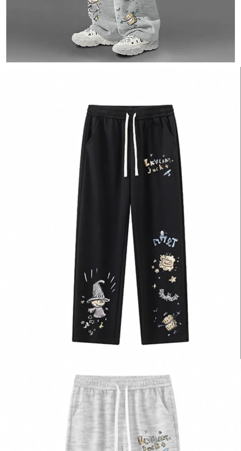 American Retro Graffiti Print Casual Pants for Men, Spring and Autumn Trendy Brand Loose Plus-size Straight Wide-leg Long Pants
