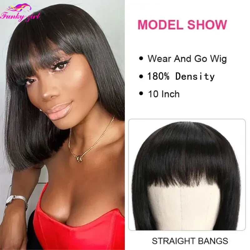 100% Human Hair Wig With Bangs Brazilian Straight Bangs Bob Wigs Full Machine Made Wig For Women Short Bob Wigs 8-16Inch