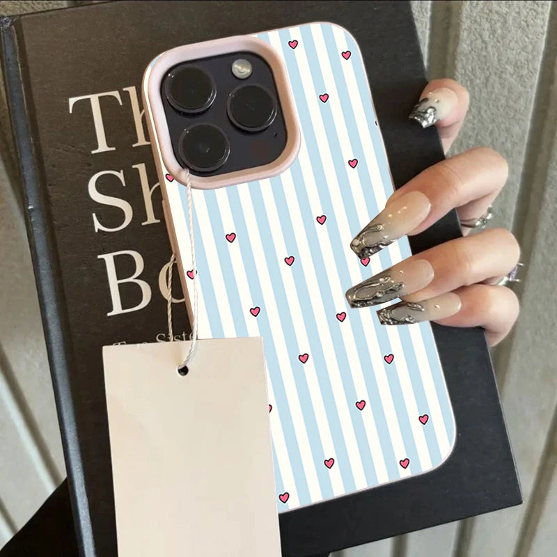 Striped Love Heart Pattern Lychee Texture Silicone Phone Case For iPhone 17 16 15 14 13 12 11 Pro Max 15 Plus 17 Air Soft Cover