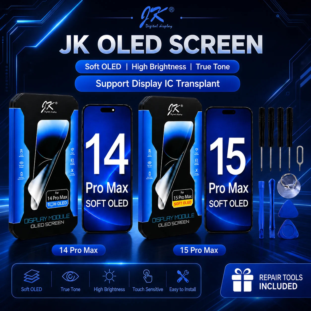 Original JK Brand  OLED Screen for iPhone 14 15 Pro Max Assembly