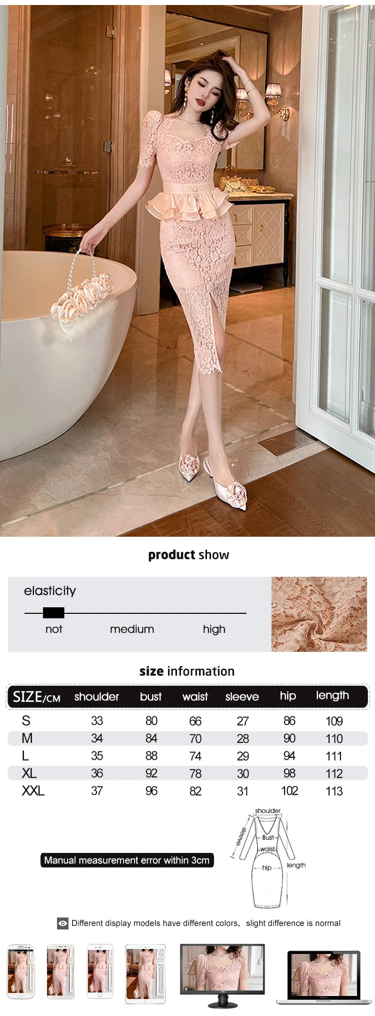 New Summer Elegant Women Evening Dress Chic Lace Pink Sheer Sexy Low Cut Ruffle Slim Midi Pencil Party Prom Femme Mujer Vestidos