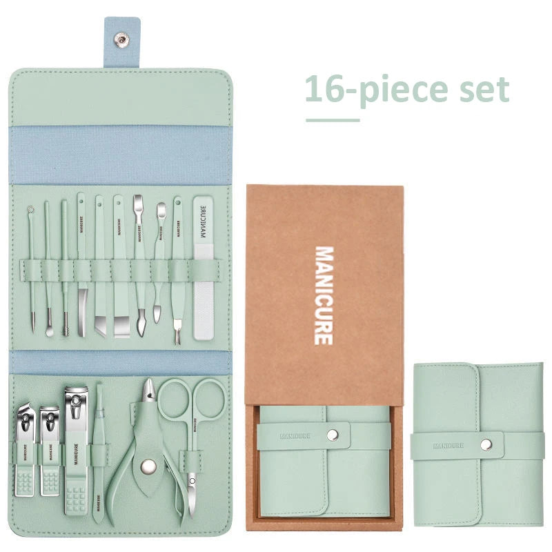 Professional Manicure Set 12/16 Pcs Full Function Kit Stainless Steel Pedicure Sets With Leather Portable Case Idea Gift