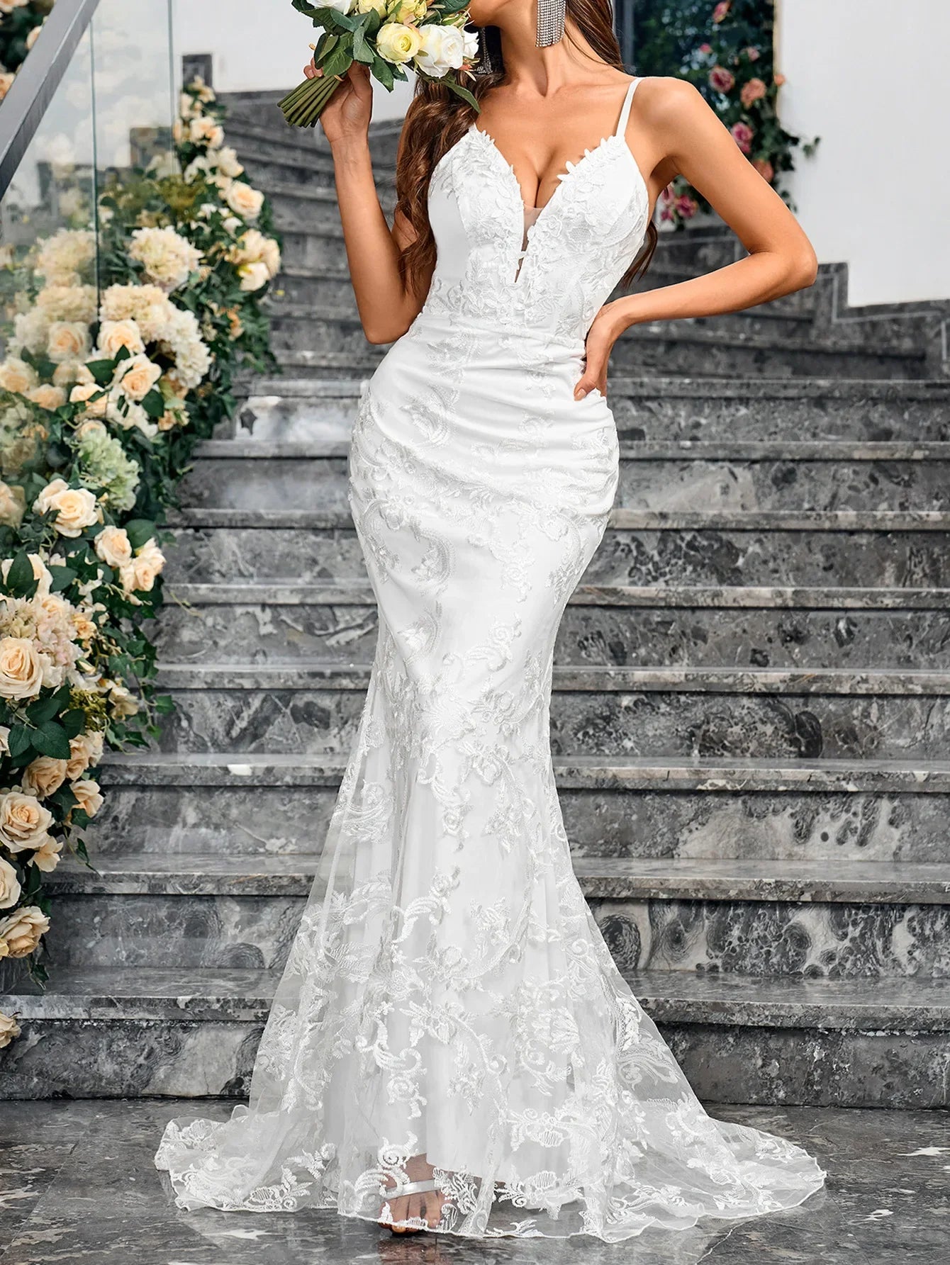 Sexy Cross-Border Slim Fit Bodycon Wedding Dress with Train for Bridal Showers And Parties V-Neck Ankle-Length Evening Gown