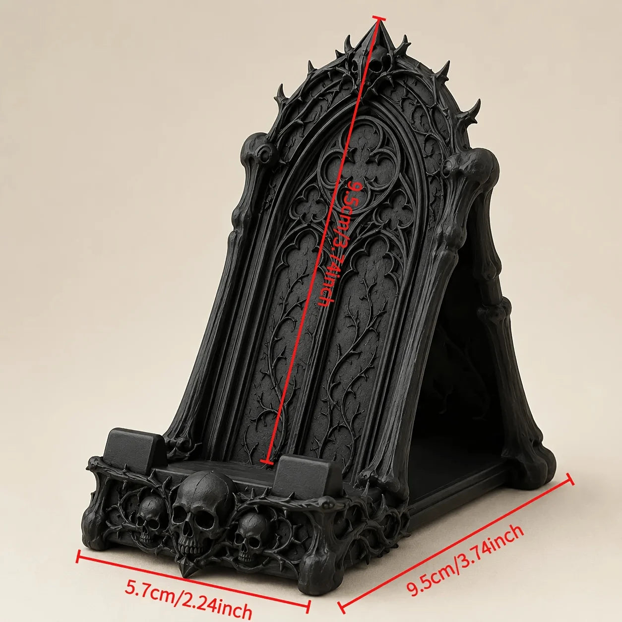 Gothic Skull Phone Stand, Dark Gothic-style Desktop Phone Holder, featuring details of skulls and thorns, decorative phone stand