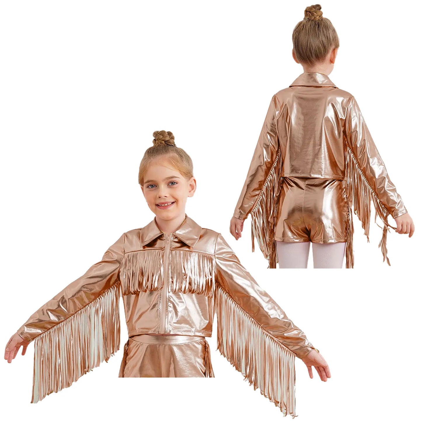 Girl's Tassels Jackets Streetwear Metallic Jazz Dance Costume Turn-Down Collar Childs Fashion Fringe Coats Jacket Party Jacket