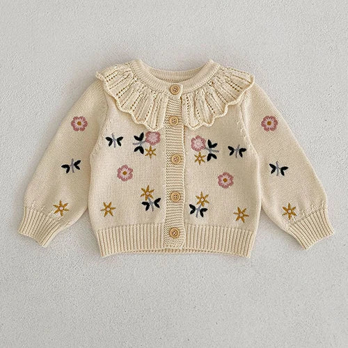 Autumn Winter Newborn Baby Girls Knitting Clothing Set Floral Embroidery Cardigan+Jumpsuit Infant Baby Knitted Clothes Suit