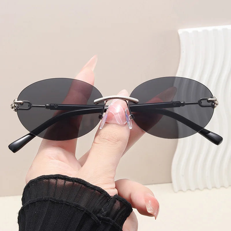 Rimless Small Round Cat Eye Sunglasses for Women Fashion Circle Frame Alloy Sun Glasses Ladies Elegant Casual Travel Glasses