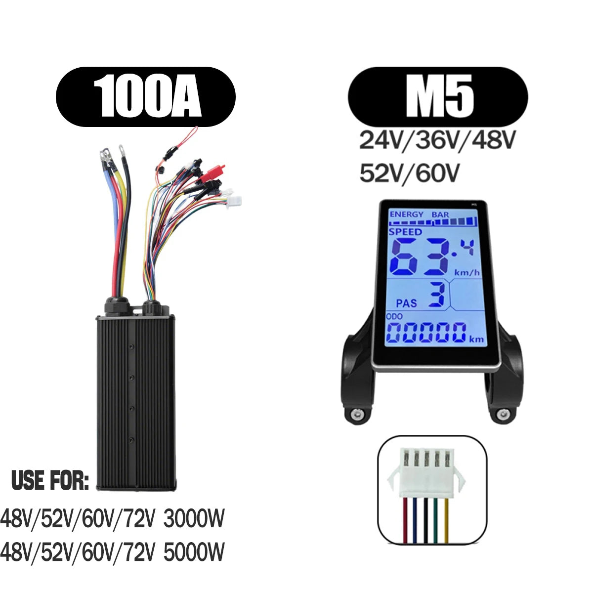 Ebike Sine Wave Display Controller 100A Three-Mode 48V52V60V72V with Learning Function UKC1 LCD Color Display 3000W5000W Motor
