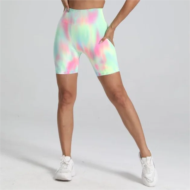 Women Nylon Gym Sports Shorts High Waist Seamless Tie dyed Elastic Fitness Yoga Leggins Pants Training Workout Tights Cycling