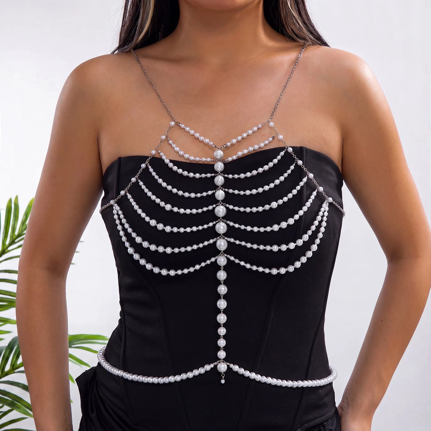 Luxe Imitation Pearl Body Chain for Women Beaded Halter Chest Chain Layered Top Bridal Wedding Party Fashion Jewelry Gift