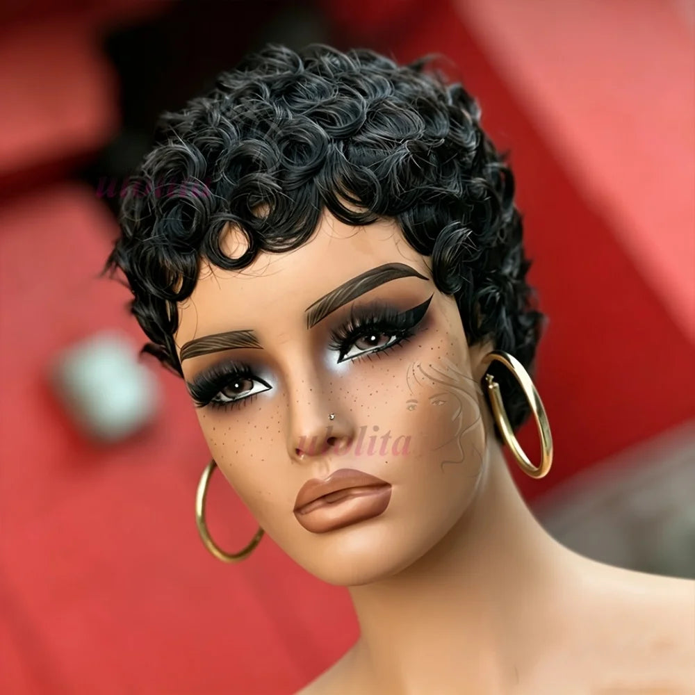 Short Deep Wave Pixie Cut Human Hair Wig Brazilian Remy Wig 180 Density Easy Daily Wear for Black Women