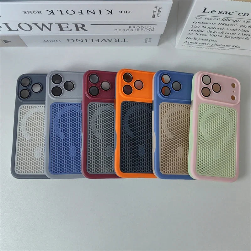 Heat Dissipation Mesh Magnetic Case for iPhone 17 15 14 13 12 16 Pro Max Plus For Magsafe Lens Protector Shockproof Bumper Cover