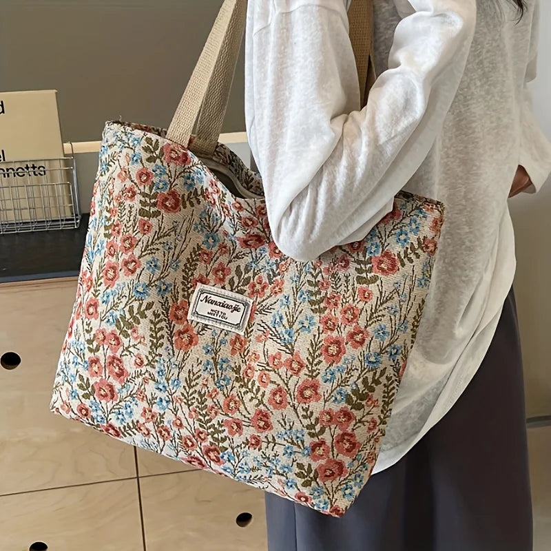 Stylish Corduroy Tote Bag for Women Bohemian Ethnic Style Shoulder Bag for Daily Commuting Shopper Office Worker College Student