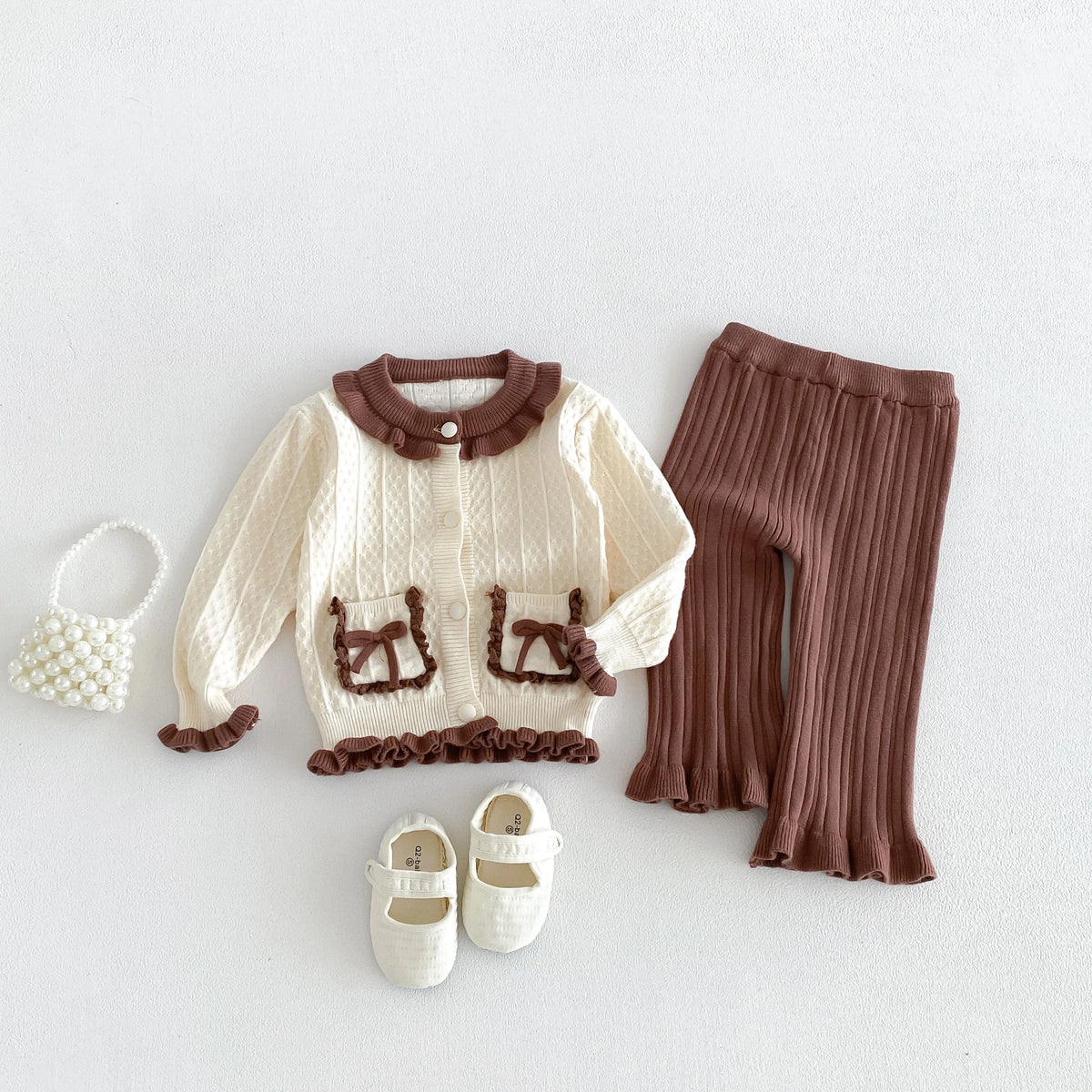 2026 Fall/Winter New Collection Girls' Set, Infant Bow Ruffled Trim Solid Color Knit Top and Pants