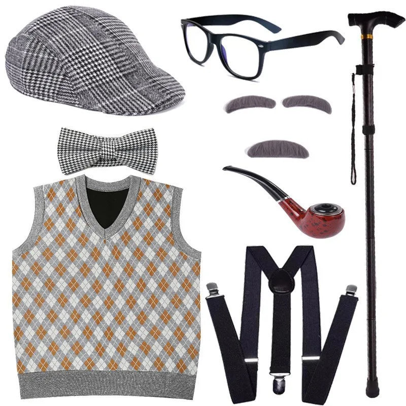 Halloween Children's Day Kids 100 Days Of School Costume For Boy Grandpa Vest Wig And Beard Granny Dress Up Props Carnival Party