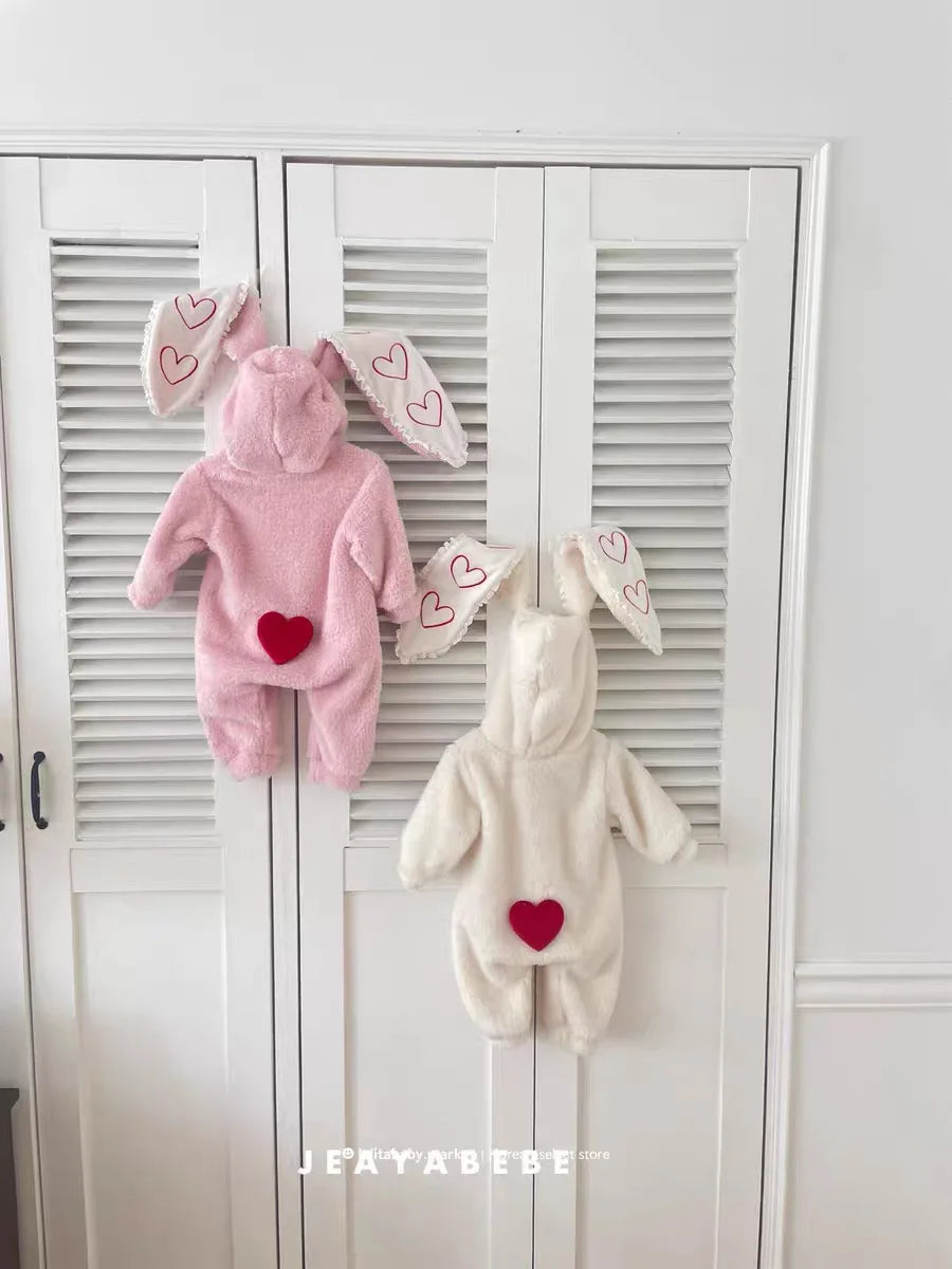 2025 Winter New Baby Long Sleeve Warm Romper Plus Velvet Thick Infant Girl Rabbit Ears Hooded Jumpsuit Toddler Clothes 0-24M