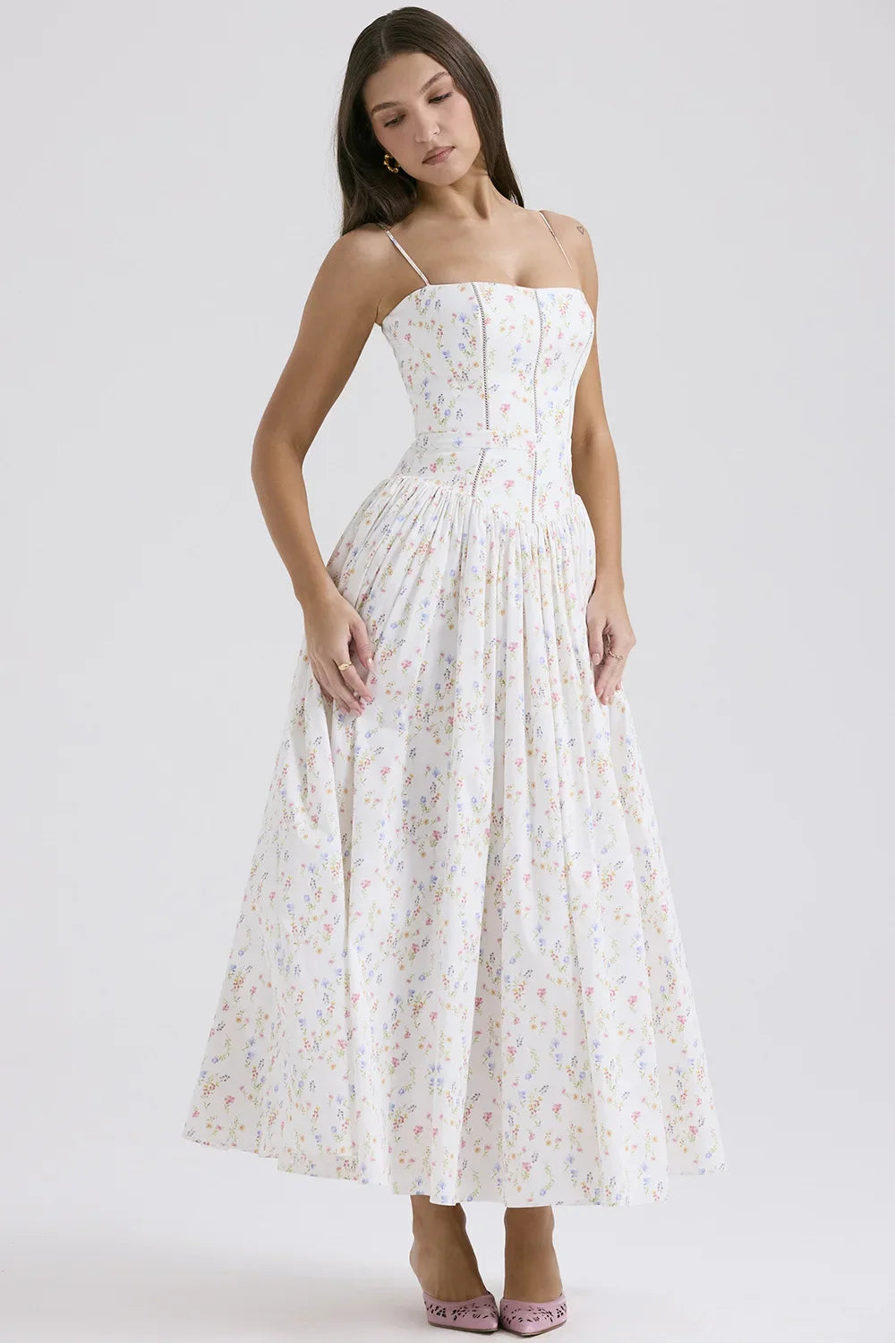 Elegant Fairylike French Style Gentle Floral Print Strapless Midi Dress Slimming Women's Fashion High End Feeling Dress