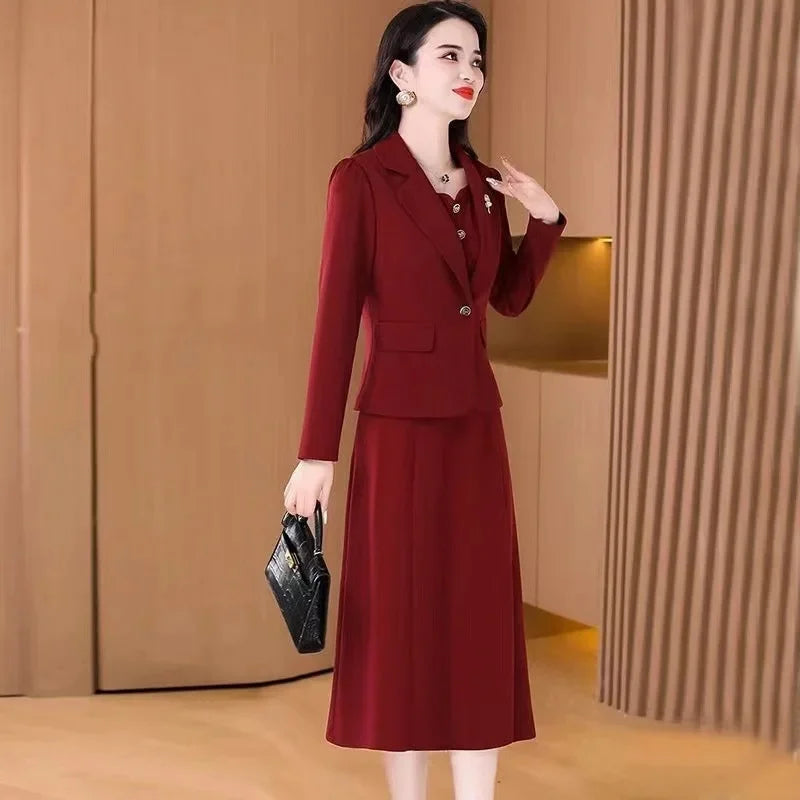 Elegant Slimming Autumn Winter Wedding Dress Set Long Ankle Length Cocktail Dresses with Suit Jacket for Wedding Banquet