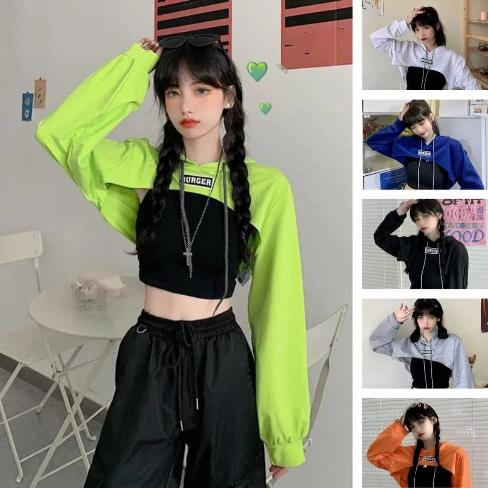 All Match Y2K Ultra Short Hoodie Loose Tees Shrug Pullover Streetwear Drawstring Women's T-shirt Summer