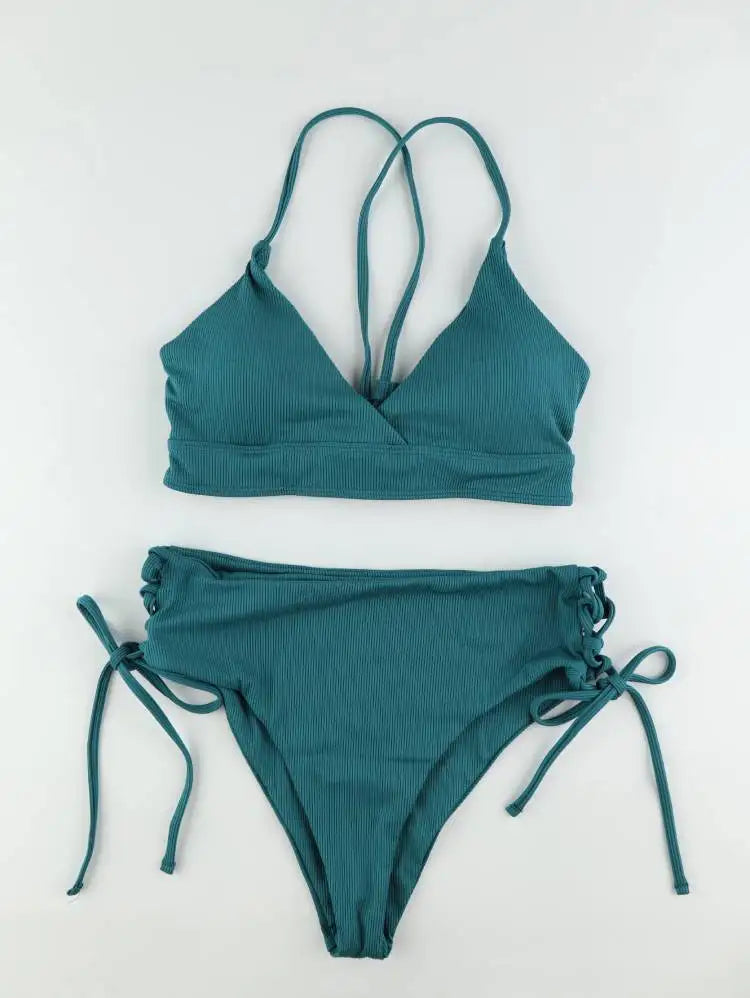 Cikini-V-Neck Split Bikini Set for Women, Sexy Swimsuit, Lace Up, Triangular Bikinis, Solid Color, Beach Swimwear, Bathing Suit