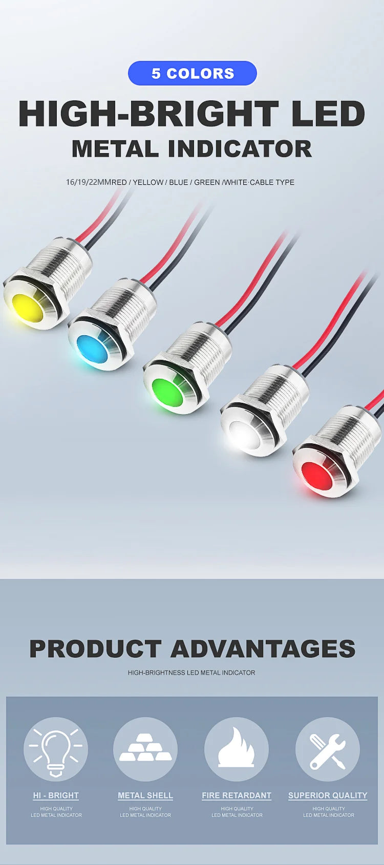 5pcs 16/19/22mm Waterproof IP67 Metal LED Indicator Light DC/AC 3-48V Signal Lamp Red Yellow Green Blue White for Car Dashboard