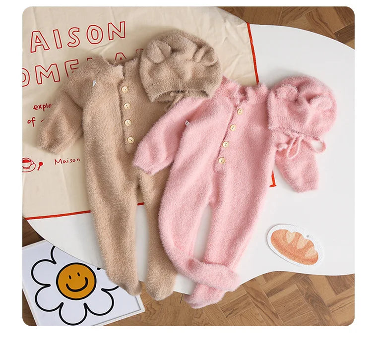 HoneyCherry Baby Solid Color Footies Cute Footed Hoodie Plush Pajamas Homewear Baby Clothes