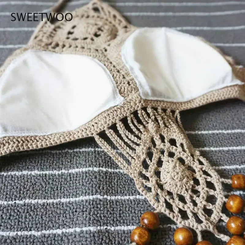 Bikini 2024 Knitting Swimsuit Crochet Bohemia Style Off Shoulder High Neck Bathing Beach Handmade Crochet